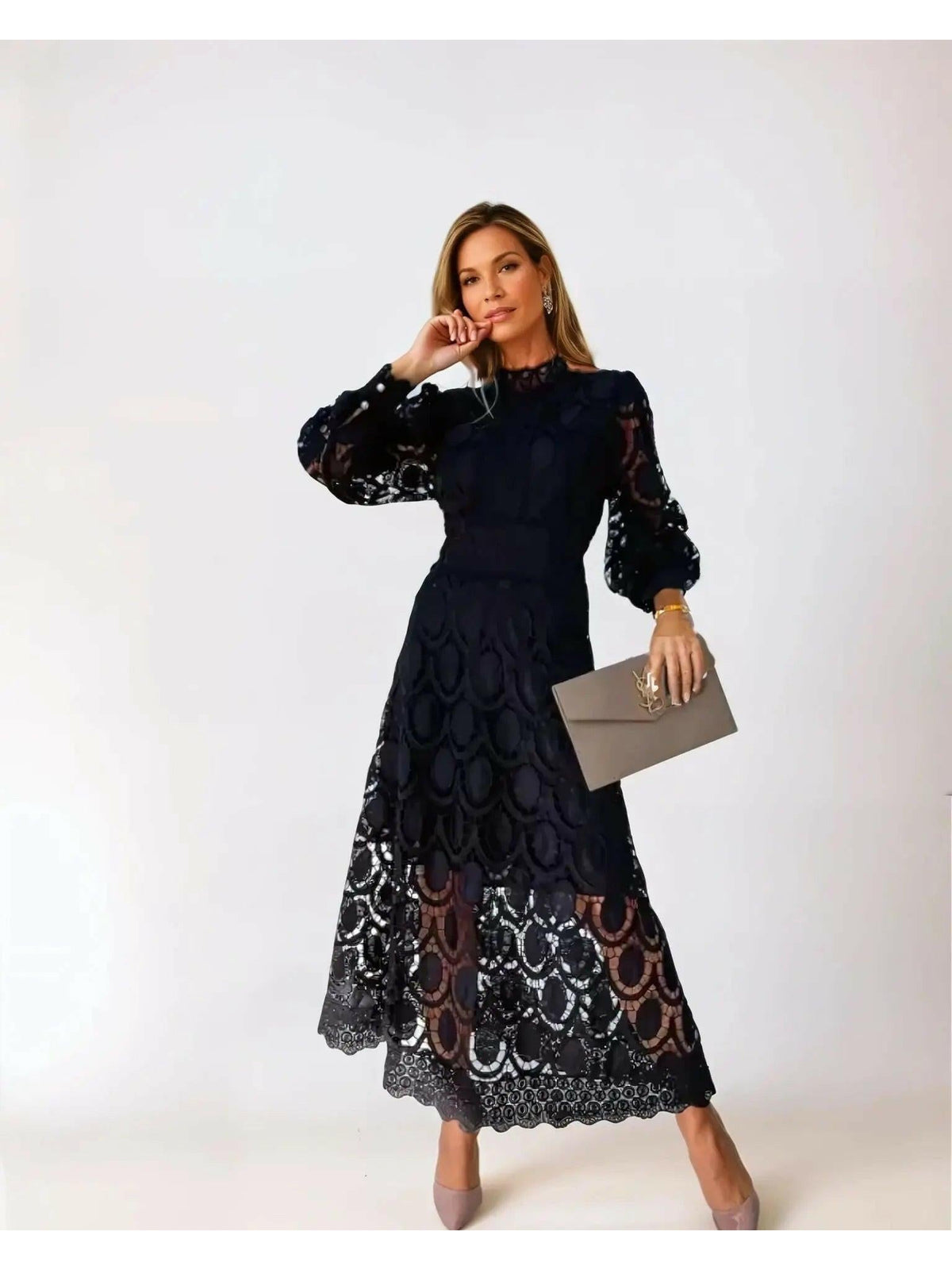 Women Lace Dress Elegant Floral Detail Midi | Hazel