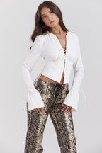 Corset Top Women Long Sleeve Lace Up Deep Neckline | Mira