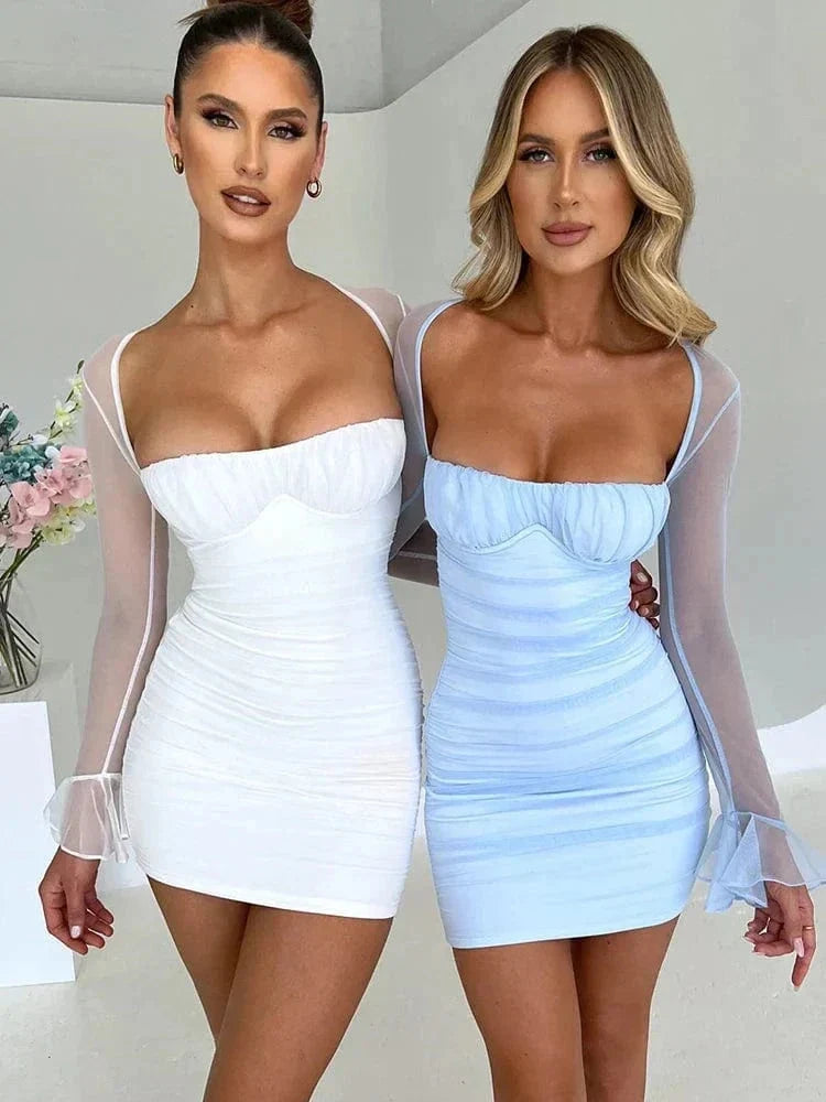 Bodycon Mini Dress Ruched Sweetheart Sheer Long Sleeves | Faye