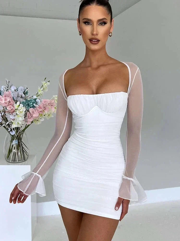 Bodycon Mini Dress Ruched Sweetheart Sheer Long Sleeves | Faye