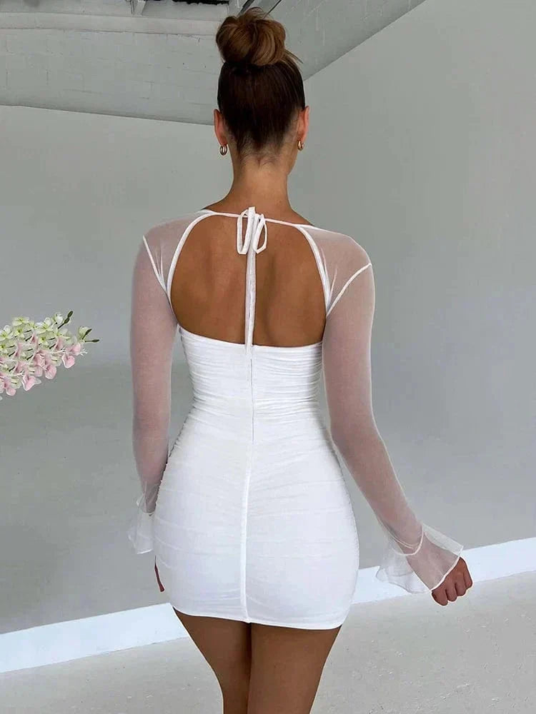 Bodycon Mini Dress Ruched Sweetheart Sheer Long Sleeves | Faye