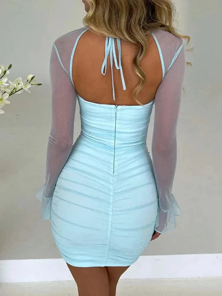 Bodycon Mini Dress Ruched Sweetheart Sheer Long Sleeves | Faye