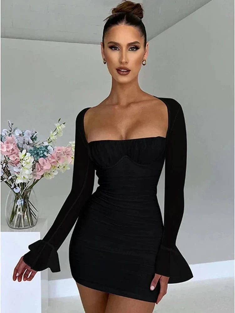 Bodycon Mini Dress Ruched Sweetheart Sheer Long Sleeves | Faye