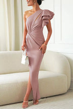 Midi Dress Women One Shoulder Asymmetrical Hemline Sleeveless
