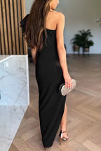 Midi Dress Women One Shoulder Asymmetrical Hemline Sleeveless