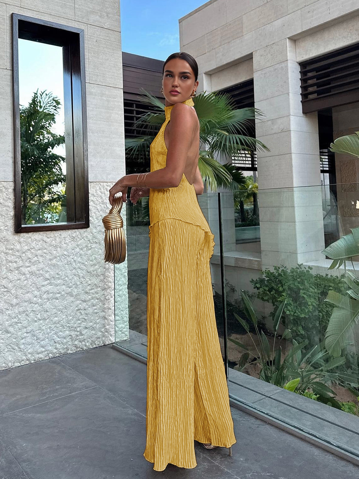 Women Crop Top Wide Leg Pants Set Satin Halter 2 Piece | Opal