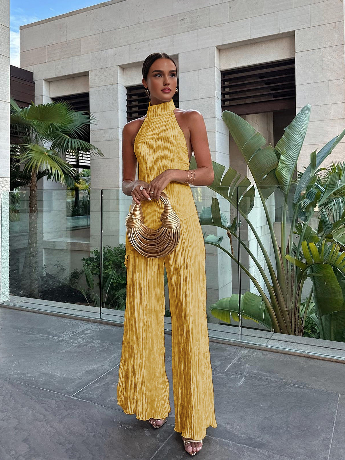 Women Crop Top Wide Leg Pants Set Satin Halter 2 Piece | Opal