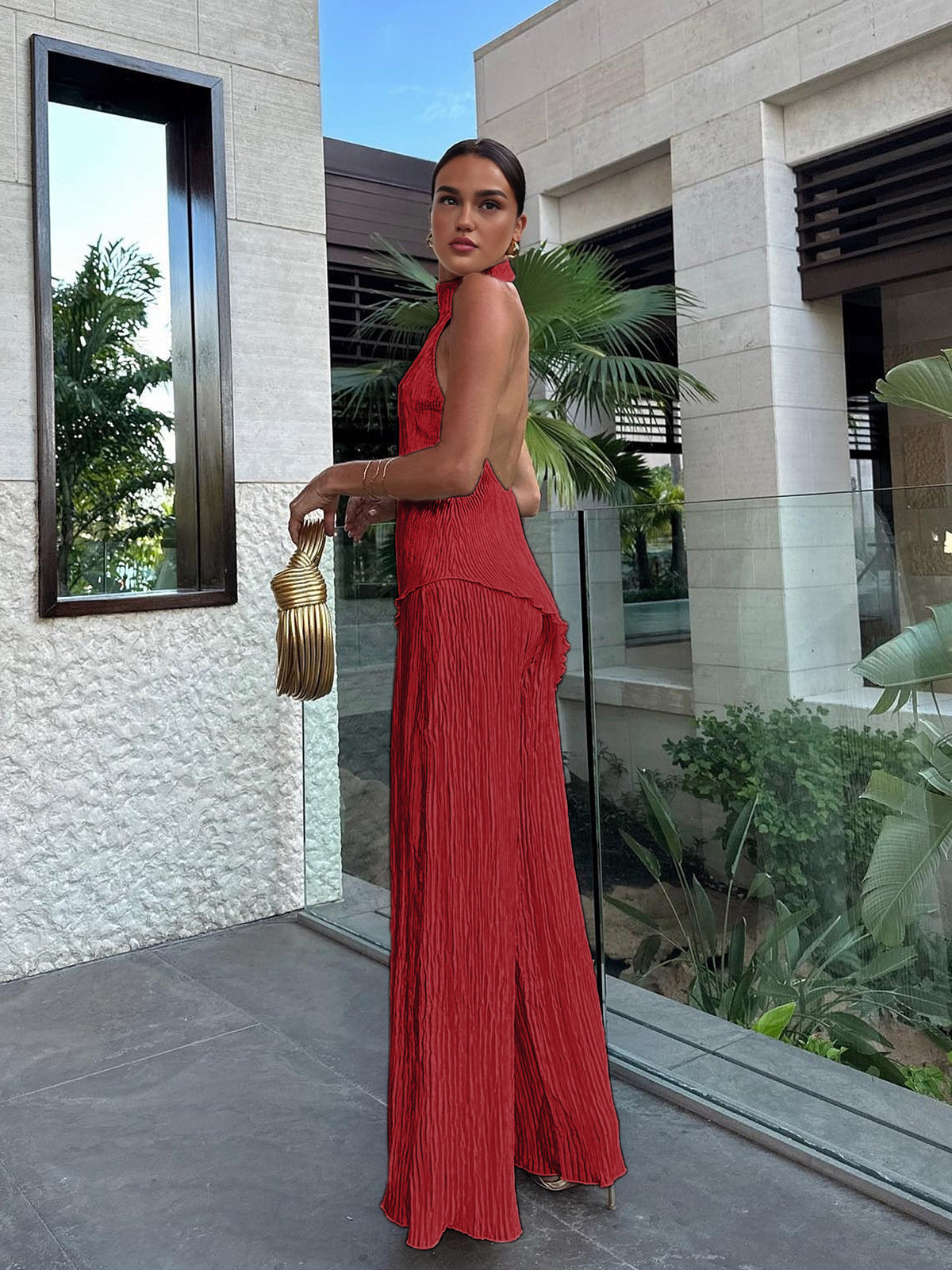 Women Crop Top Wide Leg Pants Set Satin Halter 2 Piece | Opal