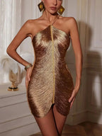 Cocktail Dress Women Metallic Backless Asymmetric Short Mini
