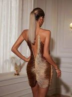 Cocktail Dress Women Metallic Backless Asymmetric Short Mini