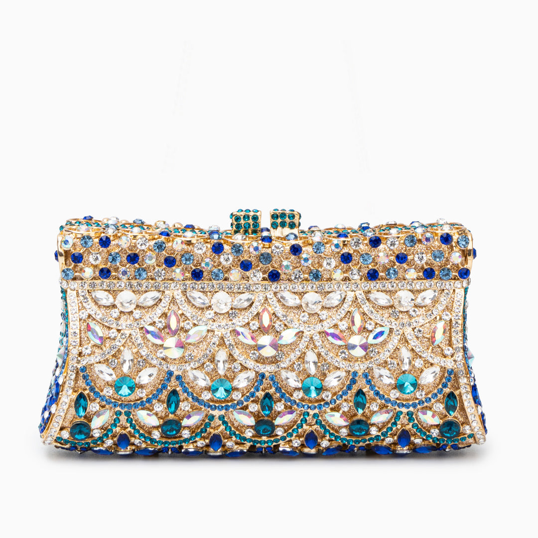 Calla | Crystal Evening Clutch Bag | Gold & Blue Rhinestone, Ornament Pattern
