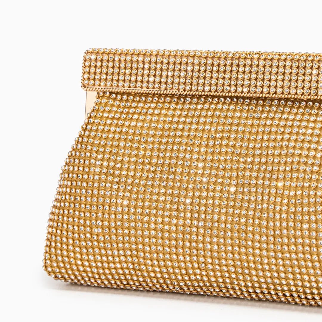 Linnea | Gold Evening Clutch Bag | Crystal Embellished, Snap Closure