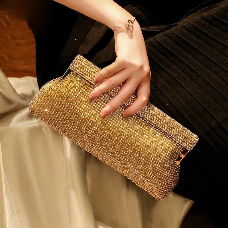 Linnea | Gold Evening Clutch Bag | Crystal Embellished, Snap Closure