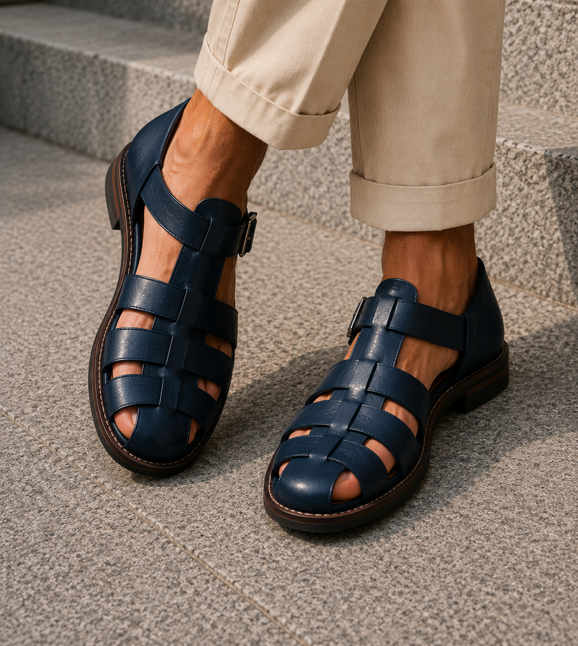 Mens Sandals Closed Toe Fisherman Woven Leather Buckle Strap