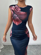White Maxi Dress Sleeveless Bodycon Floral Print Round Neck