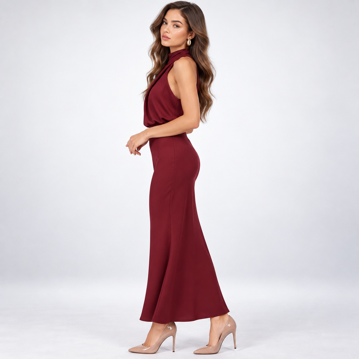 Satin Dress Women Midi Asymmetric Neckline Lightweight
