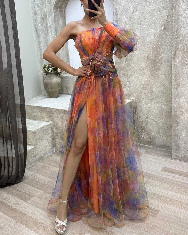 Evening Maxi Dress | One-Shoulder, Floral Appliqué & High Slit | Noor