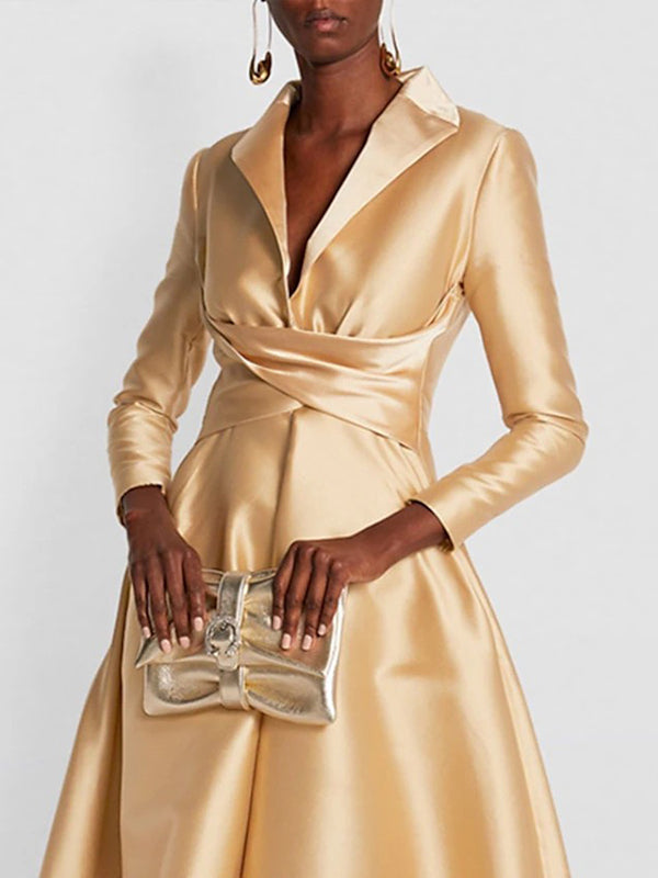 Lena | Maxi Dress | A-Line, High Waist, V-Neck, Long Sleeve | Pleated