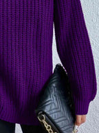 Women Ribbed Knit Turtleneck Sweater Side Slit