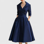 Cocktail Dress Women Midi Wrap Collar Pleated Skirt Fall Winter
