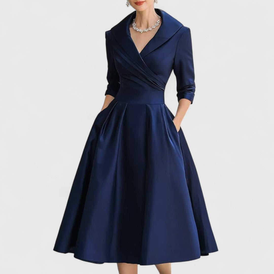 Cocktail Dress Women Midi Wrap Collar Pleated Skirt Fall Winter