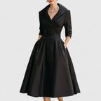 Cocktail Dress Women Midi Wrap Collar Pleated Skirt Fall Winter