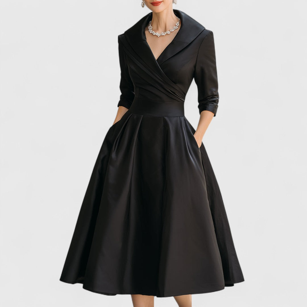 Cocktail Dress Women Midi Wrap Collar Pleated Skirt Fall Winter
