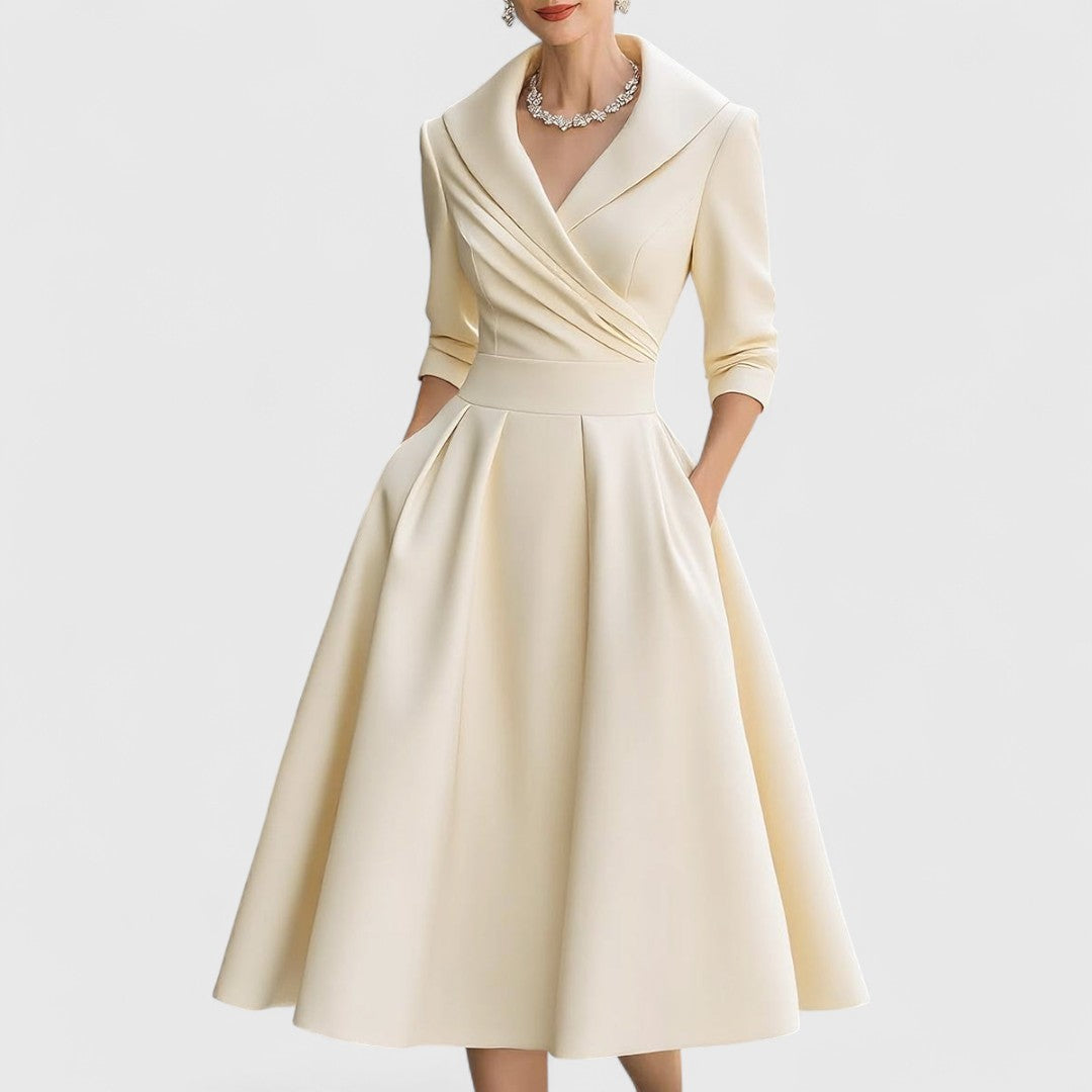 Cocktail Dress Women Midi Wrap Collar Pleated Skirt Fall Winter
