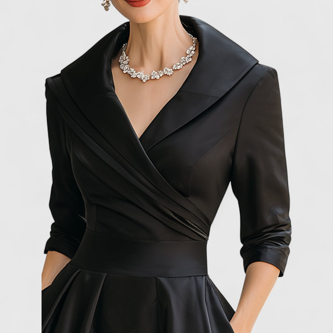Cocktail Dress Women Midi Wrap Collar Pleated Skirt Fall Winter