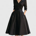 Cocktail Dress Women Midi Wrap Collar Pleated Skirt Fall Winter