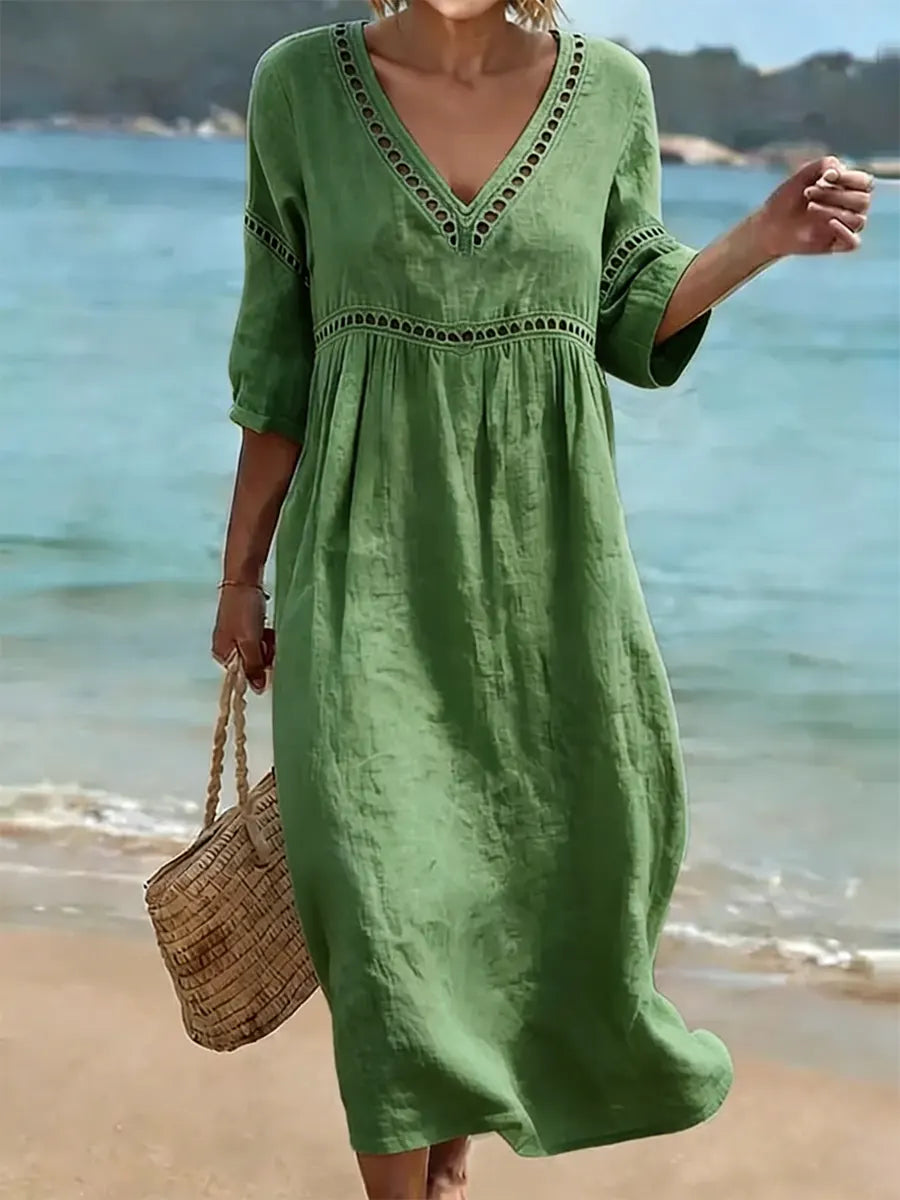 Summer dress women lightweight cotton V neck flowy, breathable fabric