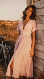Midi Dress Women V Neck Puff Sleeve Flowy Lightweight Fabric
