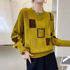 Women knit sweater geometric pattern relaxed fit ribbed cuffs
