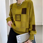 Women knit sweater geometric pattern relaxed fit ribbed cuffs