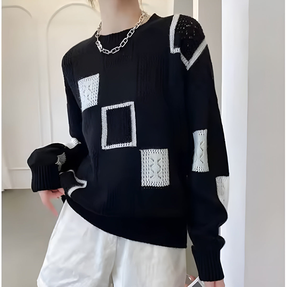 Women knit sweater geometric pattern relaxed fit ribbed cuffs