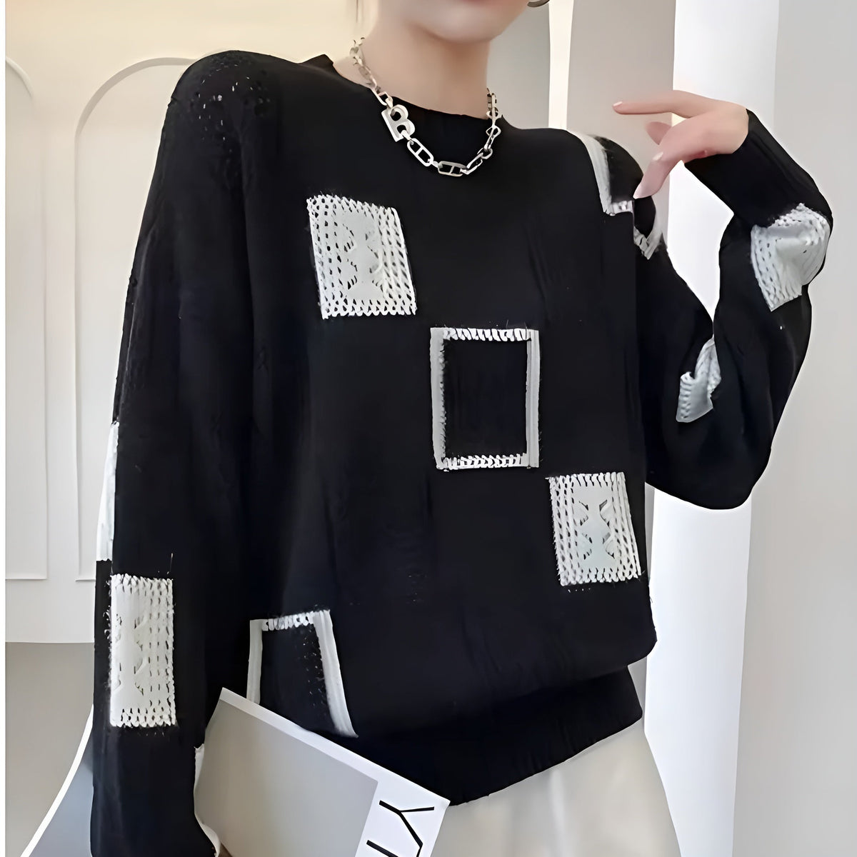 Women knit sweater geometric pattern relaxed fit ribbed cuffs