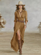 Lux | Long Belted Dress | Pleated Lapels, Waist-Defining Belt | Women's