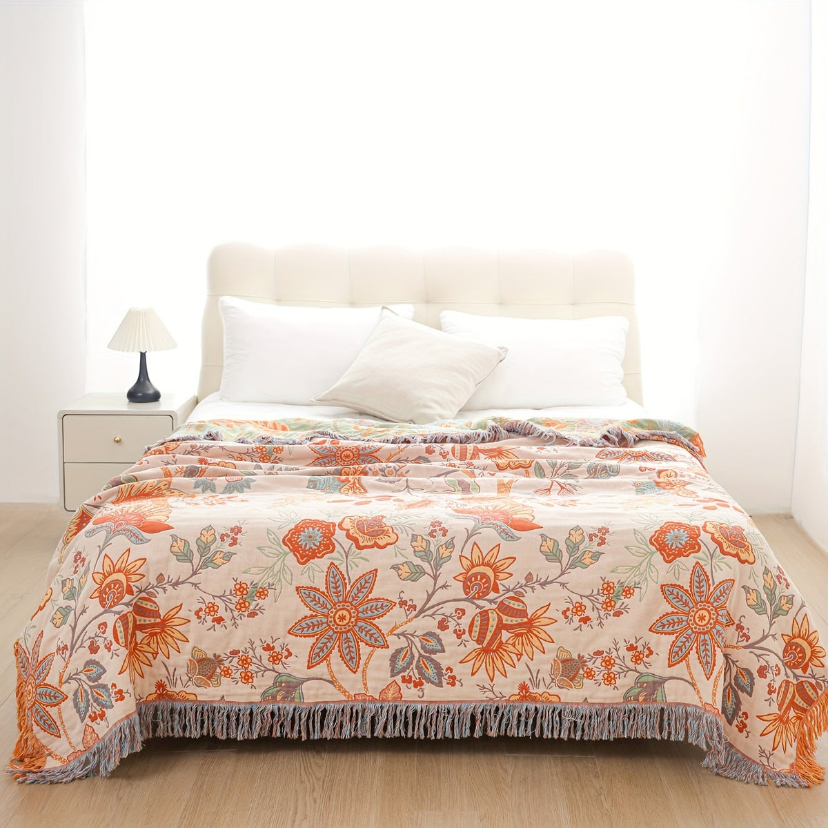 Nina | Throw Blanket | Bohemian Cotton, Tassel, Floral | Cream White, 200x230cm