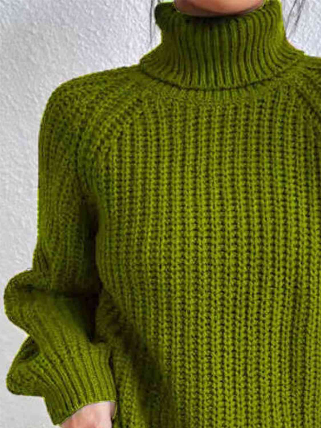 Women Ribbed Knit Turtleneck Sweater Side Slit