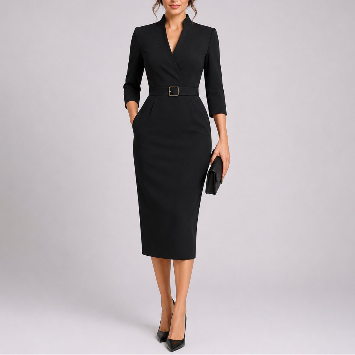 Midi Dress Women V Neck Belted Bodycon Three Quarter Sleeve