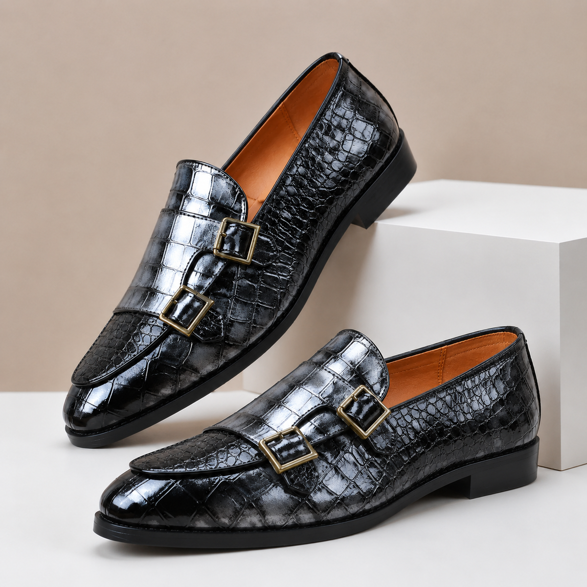 Clea | Men's Leather Loafers | Double Monk Strap, Almond Toe