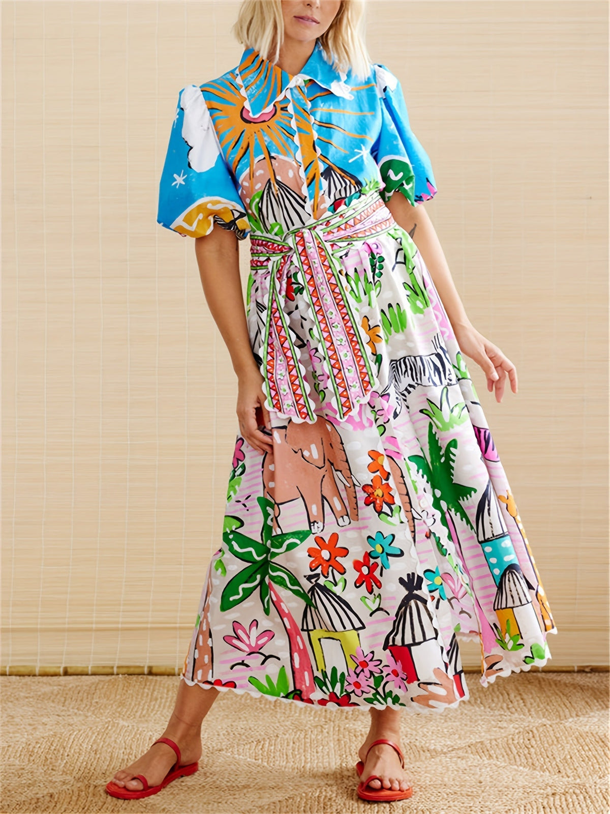 Galia | Midi Dress | Tropical Print, Lapel Neckline, Summer