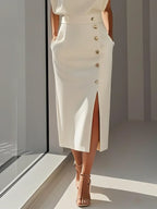 Calla | Women's Midi Dress | Round Neckline, Button Slit | Structured