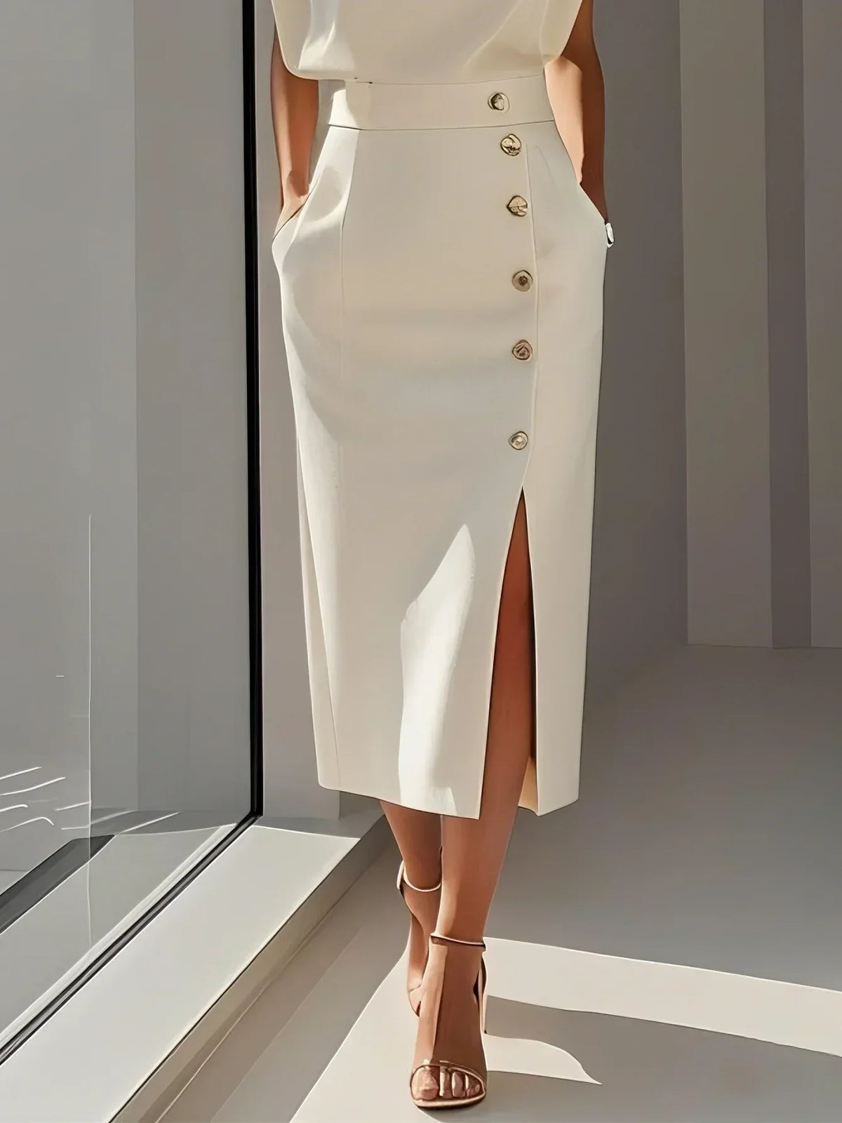 Calla | Women's Midi Dress | Round Neckline, Button Slit | Structured