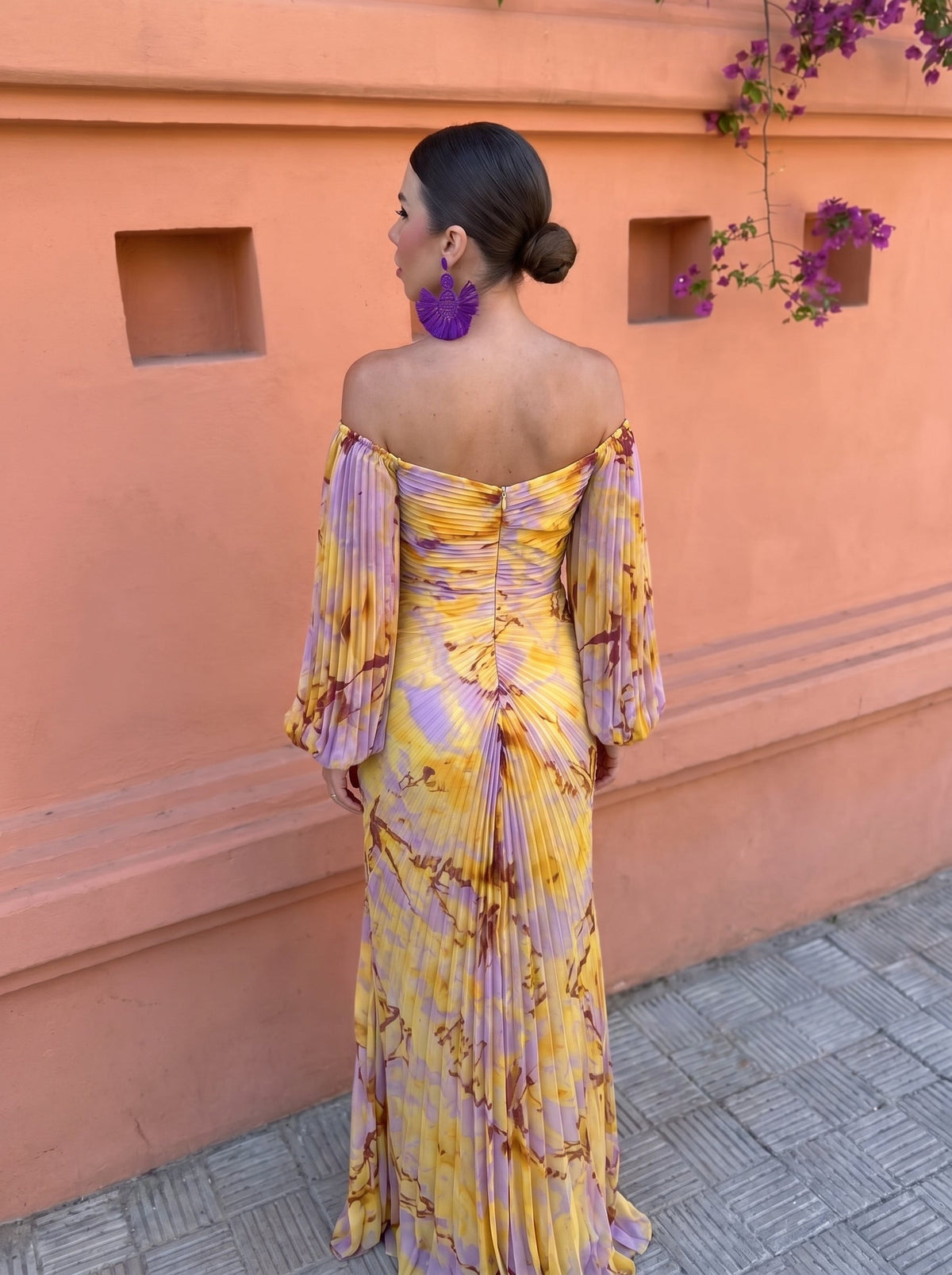Floral Dress Women Long Sleeve Off Shoulder Pleated Flowy Maxi