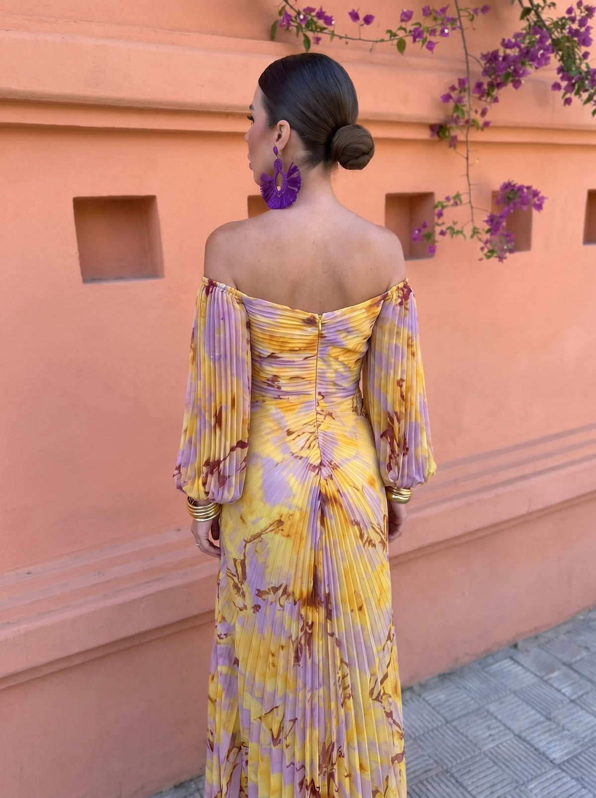 Floral Dress Women Long Sleeve Off Shoulder Pleated Flowy Maxi