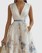 Sage | Women's Sleeveless A-Line Midi Dress | Floral, Belted
