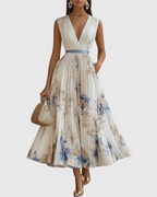 Sage | Women's Sleeveless A-Line Midi Dress | Floral, Belted