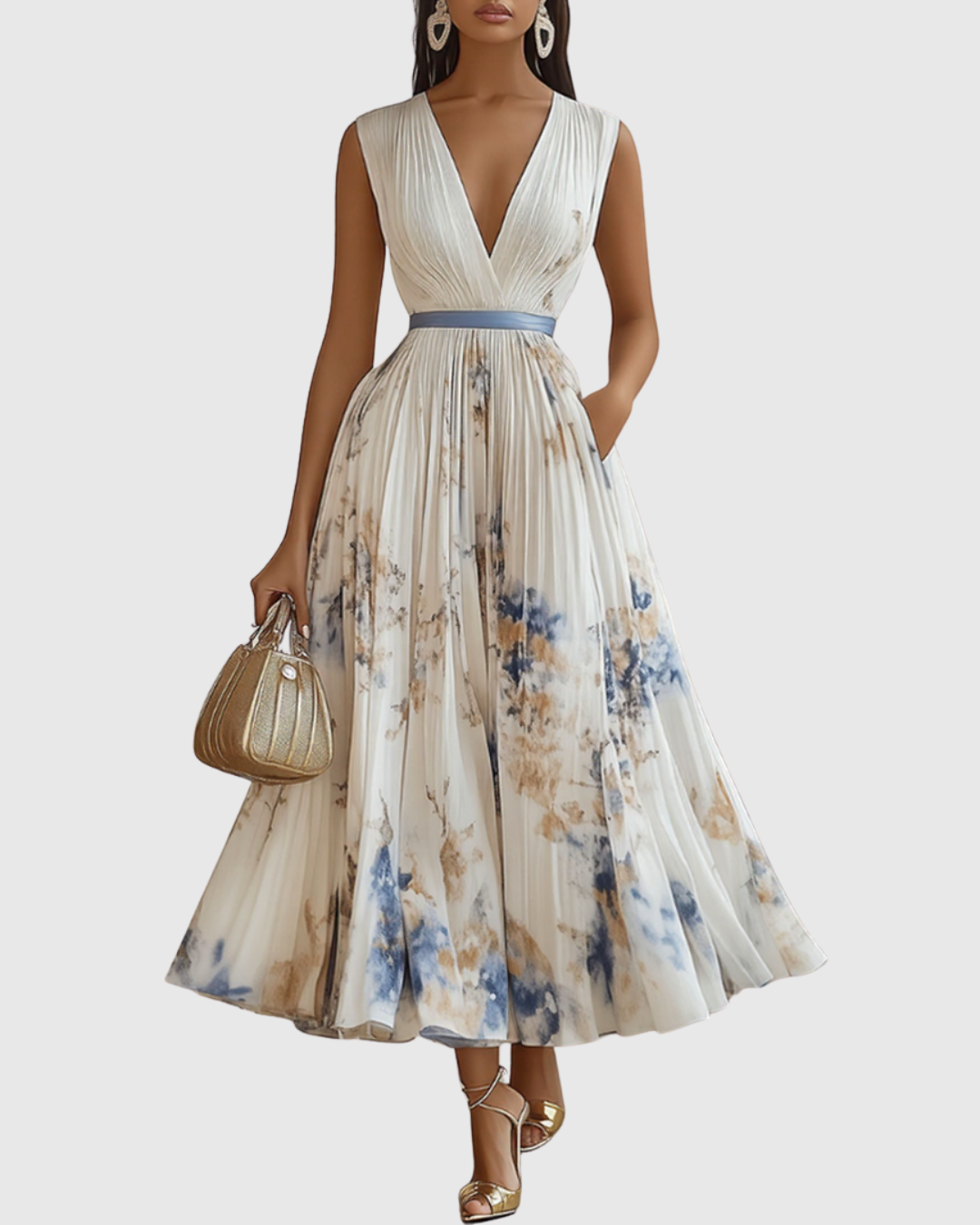 Sage | Women's Sleeveless A-Line Midi Dress | Floral, Belted