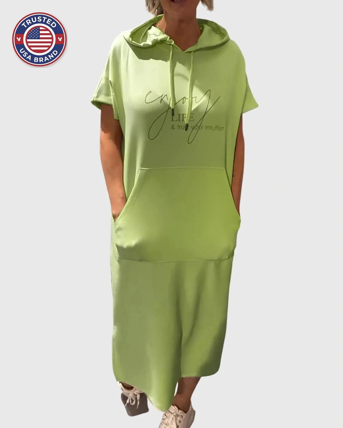Midi Dress Womens Cotton Hooded Kangaroo Pocket Casual Style